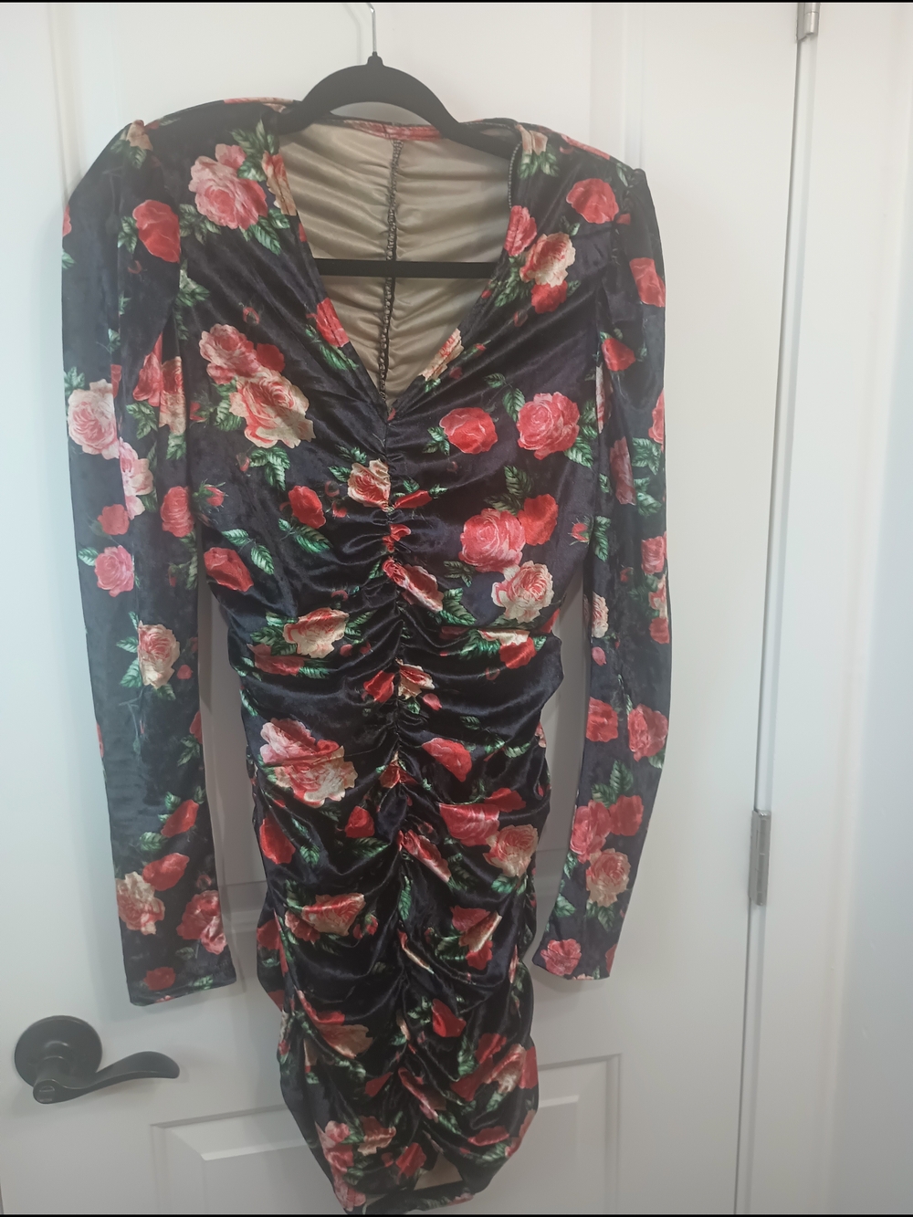 SHEIN Black Ruched Long-Sleeve Dress with Red & Pink Roses